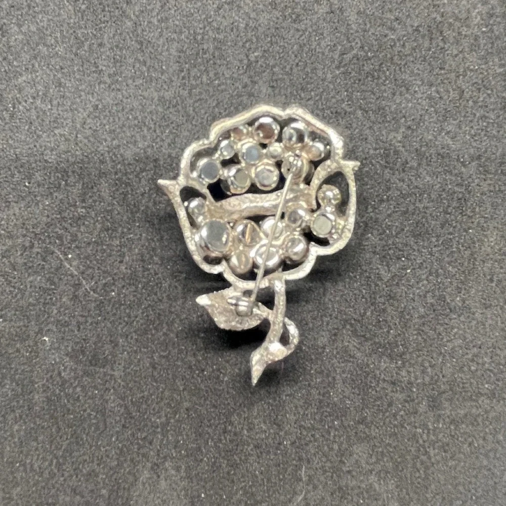 Vintage Blue Rhinestone Flower Brooch Silver Tone Floral Pin Botanical Jewelry